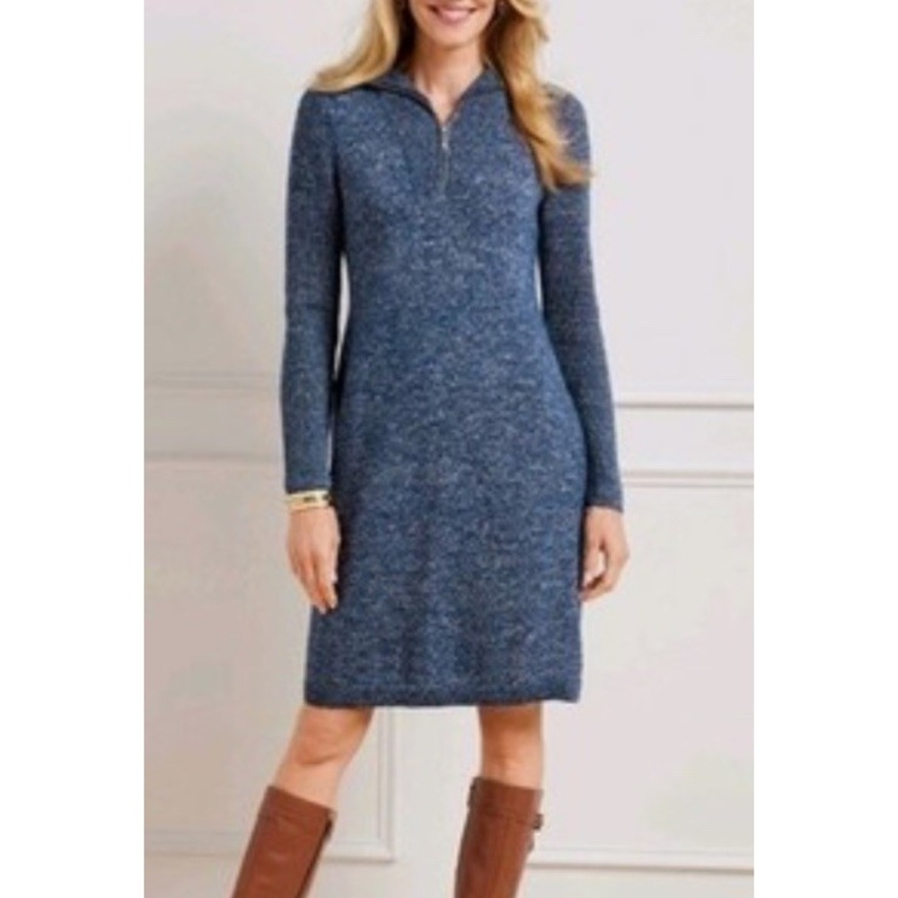 Talbots Zip Collar Sweater Dress Women's Sz M Blue Marled Soft Cozy Stretch